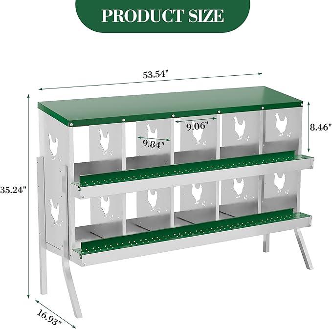 10 Hole Chicken Nesting Box with Roll Out Egg Tray, Rustproof & Ventilated Chicken Laying Boxes for Hens, Chickens, Ducks | Easy-Clean Poultry Coop Accessories, Green with Stand-PurrikoPets