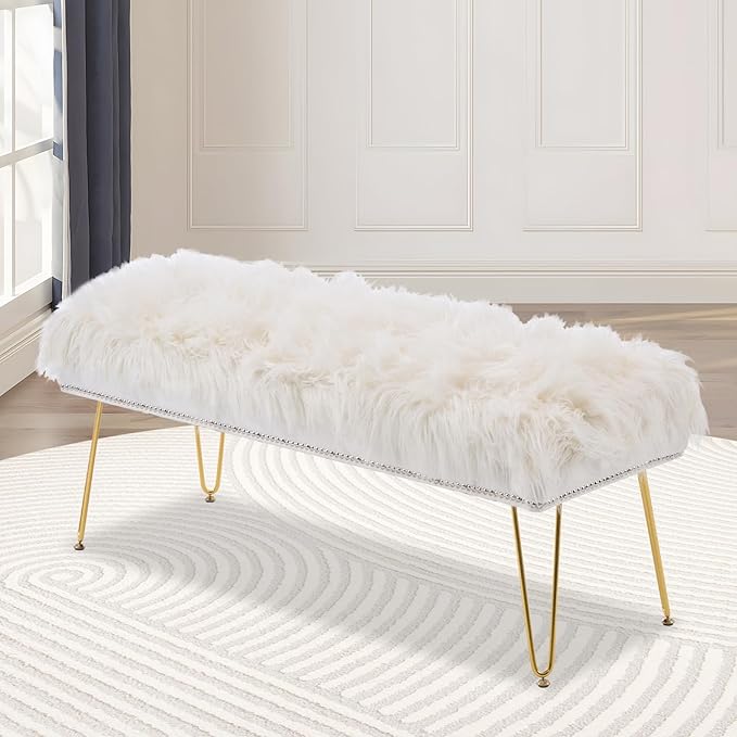 46 Inch White Bedroom Bench, Benches for Bedroom White Faux Fur Upholstered Bed end Bench, Tufting Ottoman Bench Indoor Bench with Metal Legs for Living Room Bedroom Entryway, White-PurrikoPets