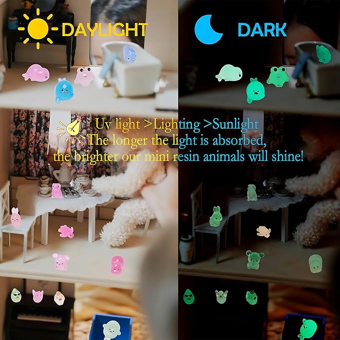 72 Types Luminous Mini Resin Animals, Plastic Tiny Resin Animals to Hide Prank,Mini Animals Figures for Fairy Garden, Dollhouse,Terrariums, Potted,Cake Topper, Miniature Landscape Ornament-PurrikoPets