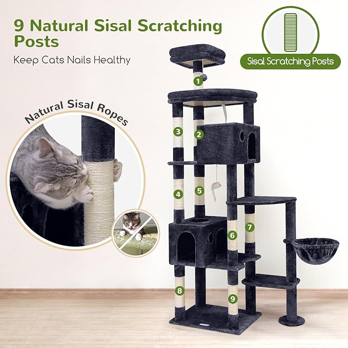 Globlazer Giant Cat Tree, 83 inch Cat Tree for Indoor Cats Large Adult, XXL Cat Tower with 9 Scratching Posts for 20lb+ Heavy Duty Large Adult Cats, F83, Dark Grey-PurrikoPets