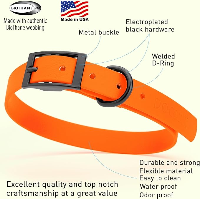 Dogline Biothane Waterproof Dog Collar Strong Coated Nylon Webbing with Black Hardware Odor- Proof for Easy Care Easy to Clean High Performance Fits Small Medium or Large Dogs, Hunter Orange-PurrikoPets