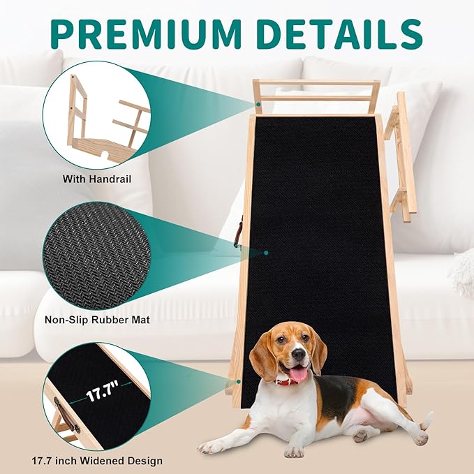 Dog Ramp for Bed, Adjustable Pet Ramps for Dog to Get on Bed, Non-Slip Rubber Surface - Folding Wooden Dog Ramp for Small/Large/Old Dogs, Adjustable up to 27.5 inch High Beds, Safety Railings-PurrikoPets