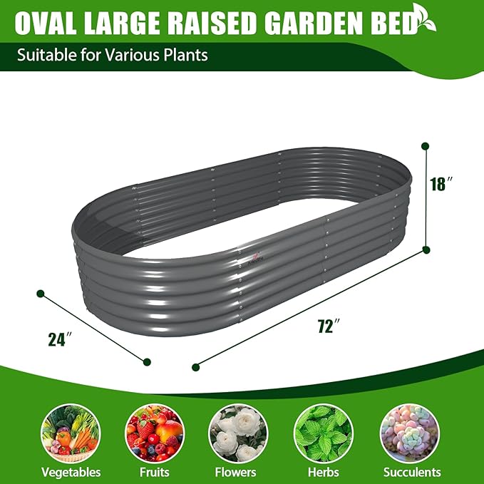 A ANLEOLIFE 6X2X1.5 ft Galvanized Raised Garden Beds Outdoor, Oval Round Metal Planter Box for Planting Vegetables Flowers Herb, Anti-Rust & Easy-Setup, Quartz Grey-PurrikoPets