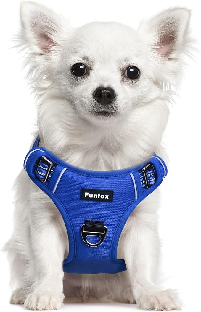 Funfox Dog Harness No Pull, Adjustable Pet Vest Harness, Super Soft Material with Vertical Handle Easy Control, Reflective Night Walking, 2 Leash Clips for Small Sized Dogs, Blue, S-PurrikoPets