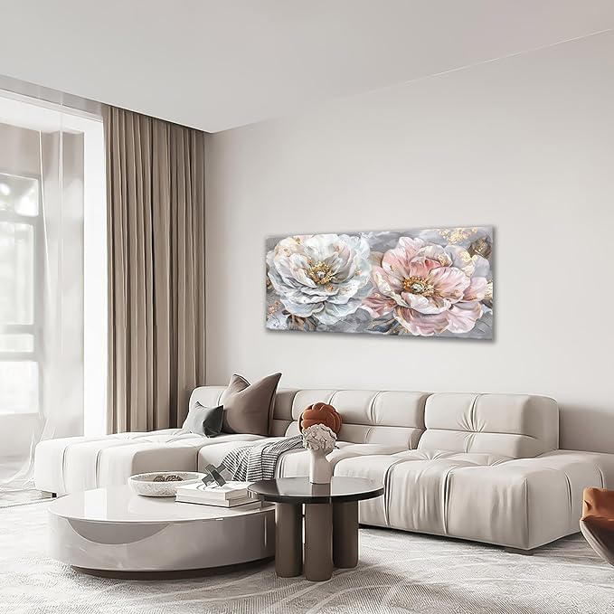 Extra Large Flower Wall Art Pink and White Floral Canvas Living Room Golden Pictures Framed Prints Oversize Wall Decor Big Painting Artwork for Bedroom Dining Office Home 60"x30"-PurrikoPets