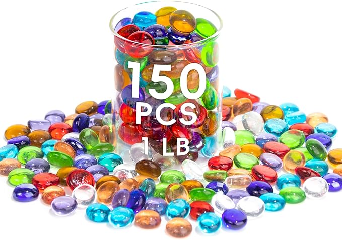 1 LB Mix Color Glass Beads, Mini Flat Glass Marbles~150PCS for Vase Fillers, Floral Bottom Mancala Gems Pebbles Fish Tank Rocks for Table Scatter Aquarium,Home Decorative Art Craft Supplies(0.5"~0.7")-PurrikoPets