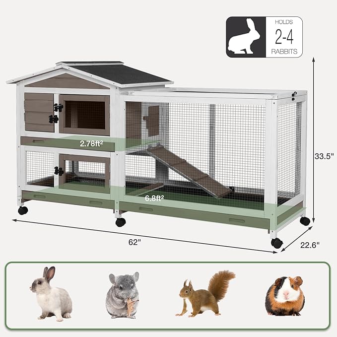 2-Story Indoor Rabbit Hutch with Chew-Proof Outdoor Rabbit Cage with 6 Locking Casters Bunny Cage 2 Pull-Out Trays Guinea Pigs Cage 62" Brown-PurrikoPets