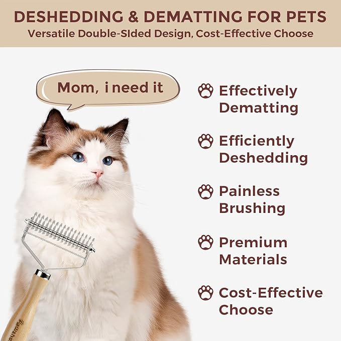3-in-1 Professional Pet Shedding Dematting Comb - Deshedding Undercoat Rake for Dogs with Stainless Steel Blades Metal Pet Brush with Wood Handle Matted Hair Detangling Thinning and Shedding-PurrikoPets