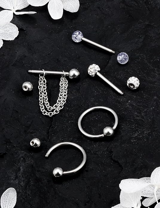 Hoeudjo 14Pcs 14G Surgical Steel Chain Dangle Nipple Rings Barbell Piercing Jewelry Retainer for Women