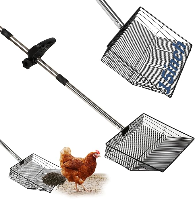 15" Extra-Wide Chicken Poop Scooper – Ergonomic Adjustable Handle (24-70in), Stainless Steel Sifting Shovel Deep Litter Cleaning for Chicken Coops, Goat - Chicken Coop Scoop for Sand, Straw, Hemp-PurrikoPets
