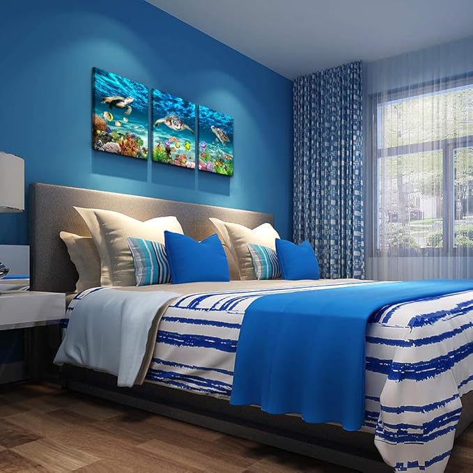 AHUASJART Canvas Wall Art for Living Room family Wall decor for Bedroom Bathroom Wall Decoration blue Ocean Sea Turtle Paintings Modern shark Pictures Artwork office Ready to Hang 12" x 16" 3 Piece-PurrikoPets
