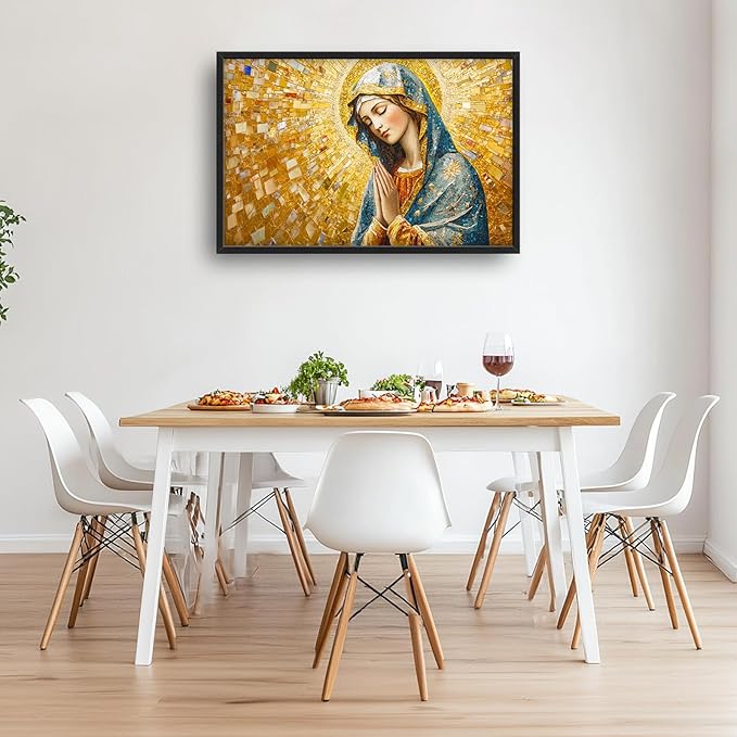 Extra Large Virgin Mary Framed Wall Art for Living Room,Oversized Golden Christian Religious Pictures Wall Decor,Canvas Print Painting Modern Artwork Bedroom Office Bathroom 36L" x 24W"-PurrikoPets