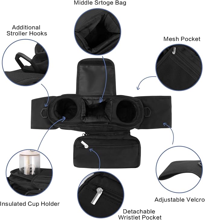 Dog Stroller Bag with Shoulder Strap, Universal Dog Stroller Caddy Organizer with Poop Bag Dispenser, Water Bowl, Insulated Cup Holders and Treat Pocket-PurrikoPets