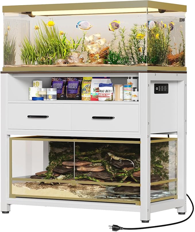 40-50 Gallon Fish Tank Stand with Power Outlet & 2 Storage Drawers, Heavy Duty Metal Frame Aquarium Stand with Waterproof Mat, 36.6" L*19.1" W Tabletop, 800LBS Capacity, White+Brown-PurrikoPets