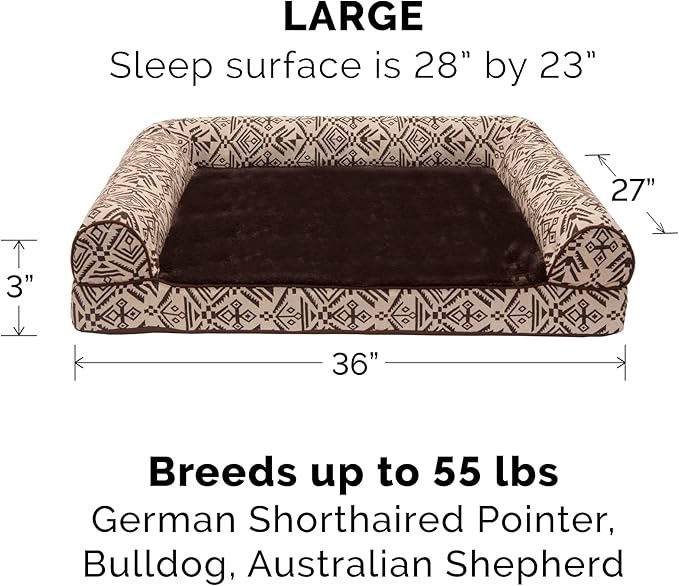 Furhaven Orthopedic Dog Bed for Large/Medium Dogs w/ Removable Bolsters & Washable Cover, For Dogs Up to 55 lbs - Plush & Southwest Kilim Woven Decor Sofa - Desert Brown, Large-PurrikoPets
