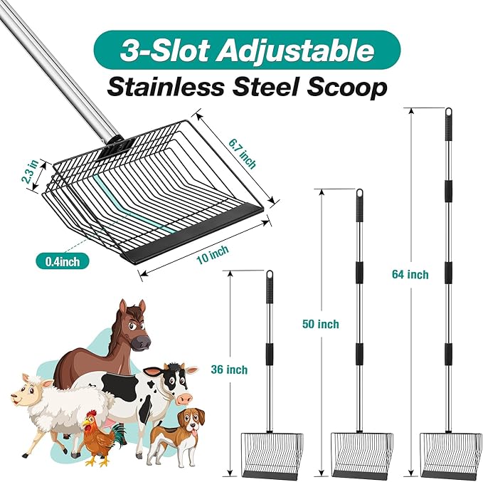 Adjustable Chicken Poop Scooper, Heavy Duty Stainless Steel Chicken Rake with 3-Slot Pole, Multi-Use Pet Waste Shovel & Hay Scooper - 36"/50"/64" Length-PurrikoPets
