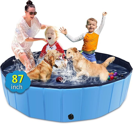 Foldable Dog Pool, 87" x 14" Large Kiddie Pool with Hard Plastic, Non-Slip Dog Bath Tub for Outdoor Backyard, Collapsible Dog Swimming Pool for Kids Dogs Pets (Blue)-PurrikoPets