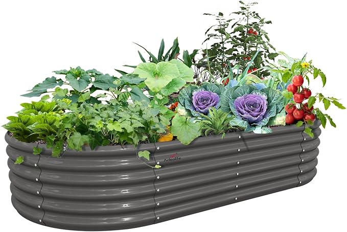 A ANLEOLIFE 8X4X1.5 ft Galvanized Raised Garden Beds Outdoor, Oval Large Metal Planter Box for Planting Vegetables Flowers Herb, Anti-Rust & Easy-Setup, Quartz Grey-PurrikoPets