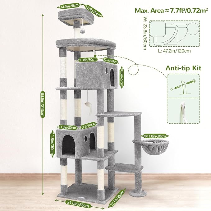 Globlazer Giant Cat Tree, 83 inch Cat Tree for Indoor Cats Large Adult, XXL Cat Tower with 9 Scratching Posts for 20lb+ Heavy Duty Large Adult Cats, F83, Light Grey-PurrikoPets