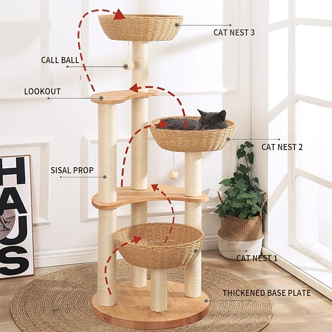 54" Modern Cat Tree Tower for Indoor Cats, Oak Cat Scratching Tree for Multiple Large Cats, Manual Hand Woven Luxury Cat Condo, Unique High-end Design Cat Furniture Activity Centre, Easy Clean-PurrikoPets