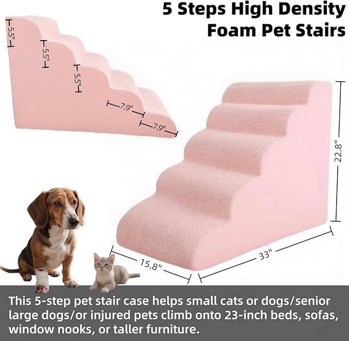 5 Step Pet Stairs Ramp for High Beds Sofas 5-30 Inch with Sturdy Non Slip Waterproof Pads, Machine Washable Cover Indoor Balanced Design for Cats Dogs Small Medium Large XL Pets Grey (Pink, Large, 1)-PurrikoPets