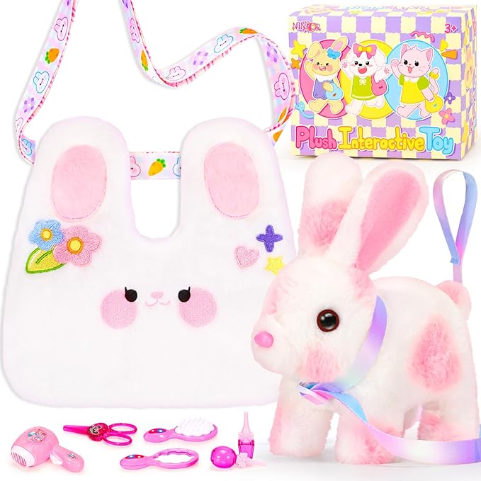 Easter Bunny Toys for Kids with Crossbody Bags, Easter Basket Stuffers Interactive Hopping Wiggle Ears Rabbit Toy, Pretend Play Robot Pet Care Cute Stuff for Girls Trip Plushies Birthday Gifts-PurrikoPets