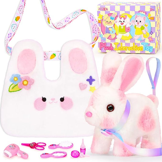 Easter Bunny Toys for Kids with Crossbody Bags, Easter Basket Stuffers Interactive Hopping Wiggle Ears Rabbit Toy, Pretend Play Robot Pet Care Cute Stuff for Girls Trip Plushies Birthday Gifts-PurrikoPets