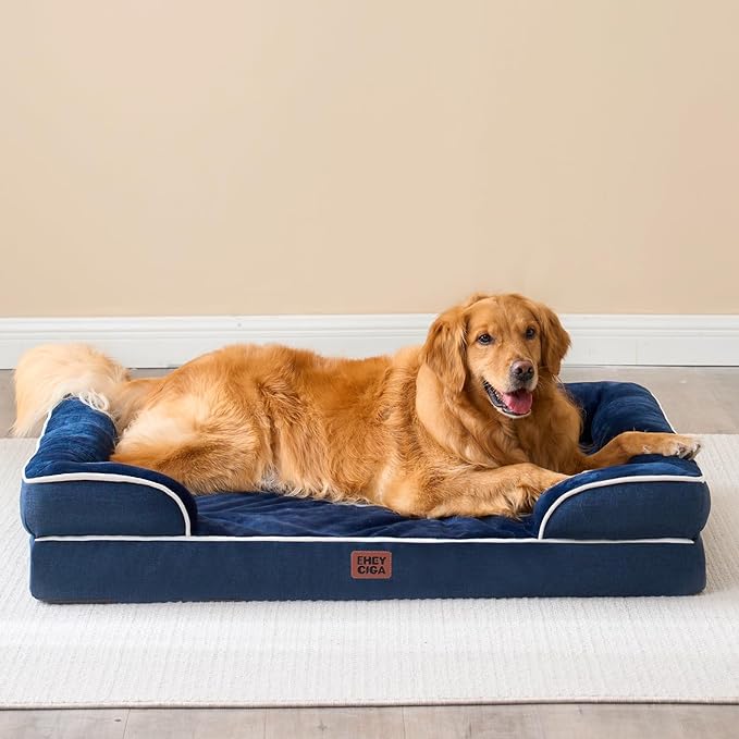 EHEYCIGA Orthopedic Dog Beds for Large Dogs, Waterproof Memory Foam Large Pet Bed with Sides, Non-Slip Bottom and Egg-Crate Foam Dog Couch Bed with Washable Removable Cover, Navy-PurrikoPets