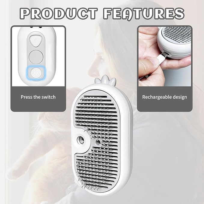 3-in-1 Rechargeable Steam Brush for Cats & Dogs - Anti-Static Spray Pet Grooming Brush with Warm Mist Massage, Hair Shedding Control, Detangling Comb & Cleaning Tool for Effective Deshedding-PurrikoPets