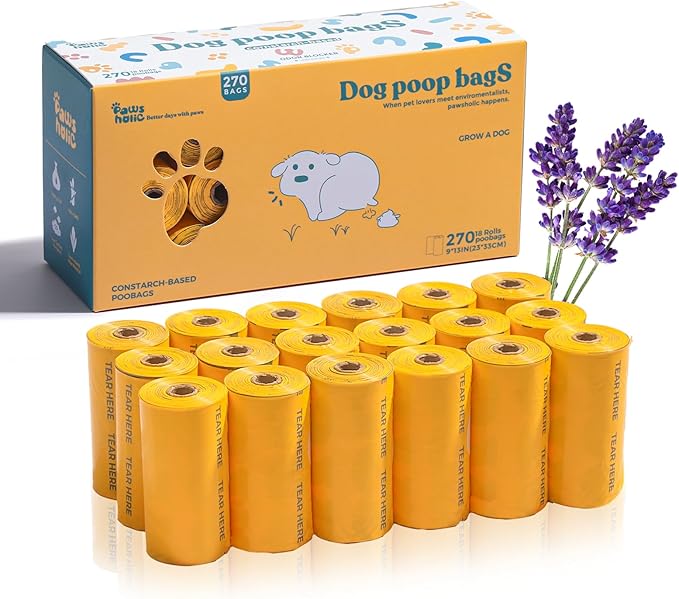 Dog Poop Bags Rolls Biodegradable 100% Leak Proof Dog Waste Bags -270 Count 18 Rolls - Cornstarch Based Doggie Poop Bag for puppy and Big Dogs(Lavender)-PurrikoPets