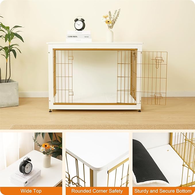DWANTON Dog Crate Furniture with Cushion, Wooden Kennel Table with Double Doors, Indoor Dog House, Large Size, 38.5" L, White-PurrikoPets