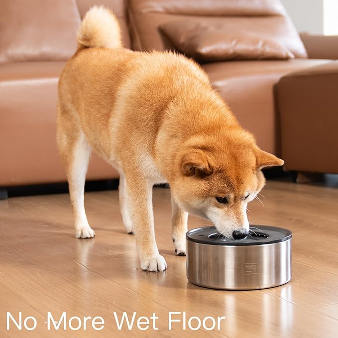 2L No Spill Water Bowl for Dogs, Double-Wall Stainless Steel with Splash-Proof Paws Lid and Floating Disk, Non-Slip Base, Easy to Clean Slow Water Feeder for Small Medium Dogs-PurrikoPets