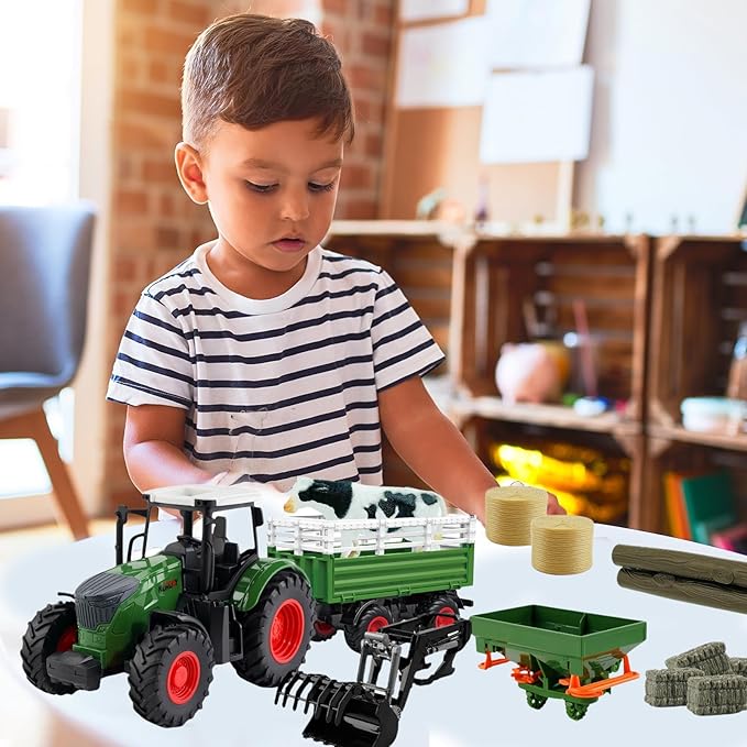 Farm Toys Tractor with Trailer-16.5 Inches Tractor Playset 1/24 Scale Gripper Frontloader Spreader for Boys Kids Toddlers Age 3-7 Years Old-PurrikoPets