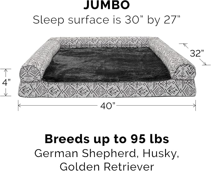 Furhaven Orthopedic Dog Bed for Large Dogs w/ Removable Bolsters & Washable Cover, For Dogs Up to 95 lbs - Plush & Southwest Kilim Woven Decor Sofa - Boulder Gray, Jumbo/XL-PurrikoPets
