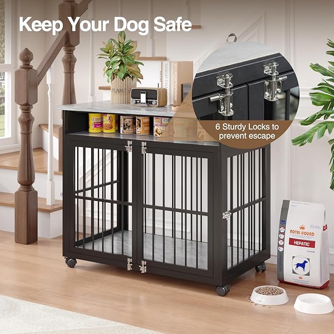 39.4" Dog Crate Furniture for Medium and Large Breed, Dog Kennel Furniture with Storage Shelf & Lockable Wheels, Heavy Duty Wooden End Side Table Pet Cage Indoor, Chew-Resistant, Grey-PurrikoPets