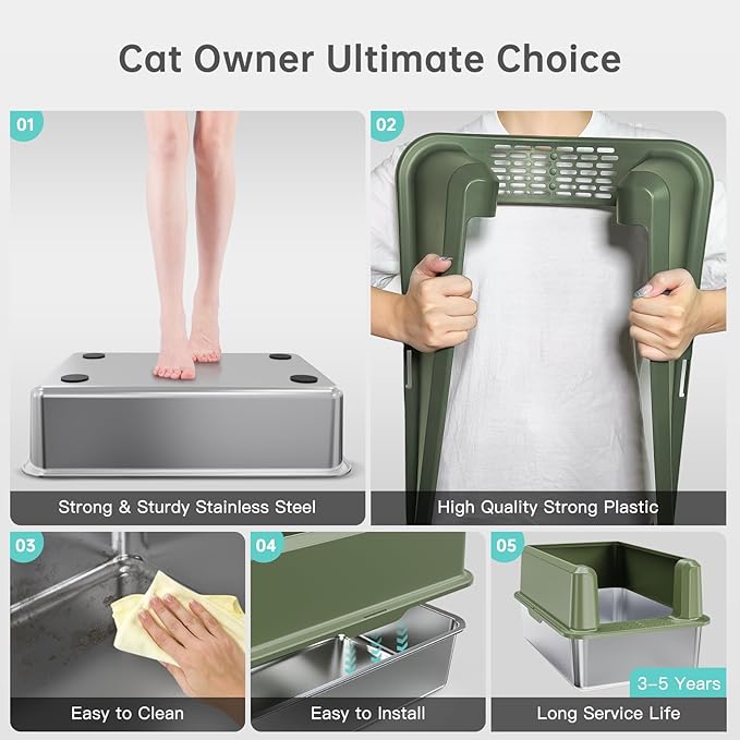 Enclosed Stainless Steel Cat Litter Box with Lid, XL Extra Large Litter Box for Big Cats, Metal Litter Pan High Sided, Never Absorbs Odors, Anti-Urine Leakage, Include Scoop (Green)-PurrikoPets