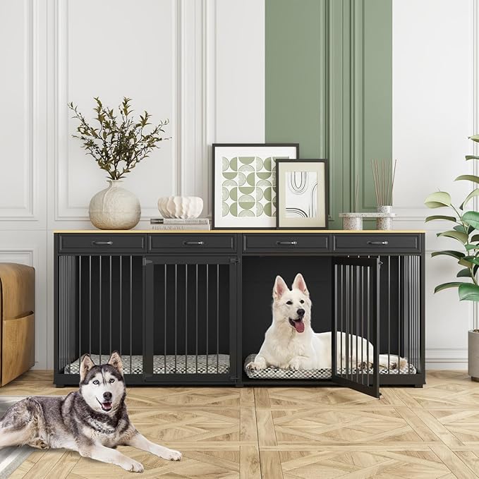 Extra Large Dog Crate with Double Rooms, 93" Heavy Duty Wooden Dog Cage Furniture Dog Crate Kennel w/Drawers & Removable Divider,Indoor Luxury Dog House for Large Dogs,Black-PurrikoPets