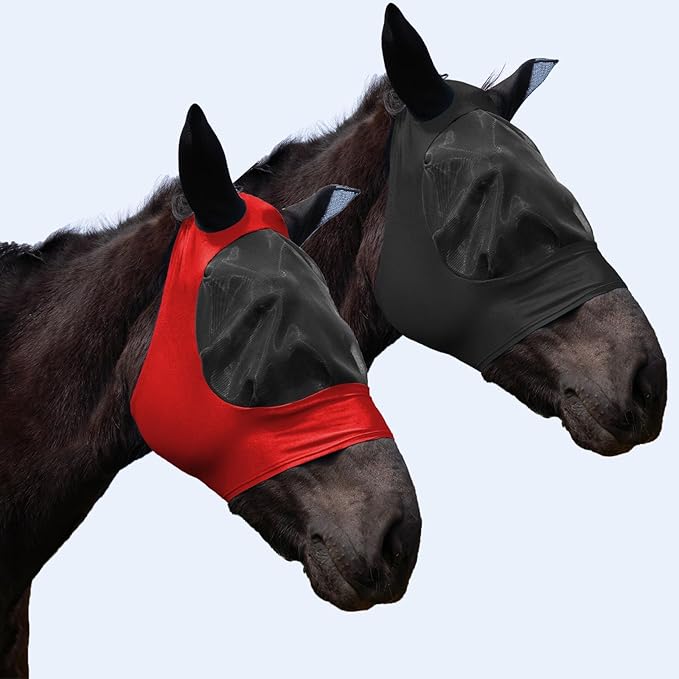 2 Piece Horse Fly Mask with Ears, Comfortable Fit Stretch Fabric Big Eye Space Soft Breathable with UV Protection for Full Horses (Red-Black)-PurrikoPets