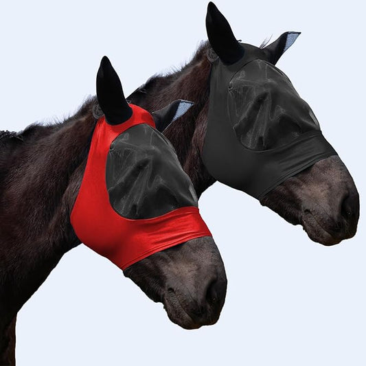 2 Piece Horse Fly Mask with Ears, Comfortable Fit Stretch Fabric Big Eye Space Soft Breathable with UV Protection for Full Horses (Red-Black)-PurrikoPets