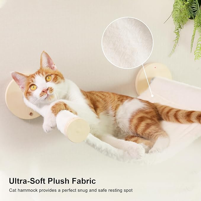 FUKUMARU Cat Wall Shelves, 5-Piece Stable Wooden Wall-Mounted Furniture Set, Kitty Climber with Hammock, House, Steps, Scratching Post (Beige)-PurrikoPets