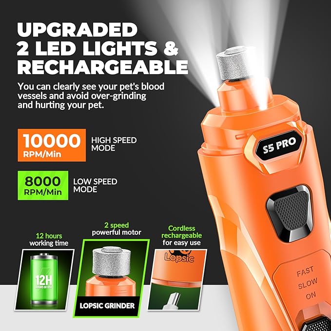 Dog Nail Grinder with 2 LED Lights Powerful 2 Speeds Super Quiet Dog Nail Trimmers with 3 Grinding Wheels Rechargeable Pet Dog Nail Clippers for Large Medium Puppy Dogs Dog Nail File Cat Nail Clipper-PurrikoPets