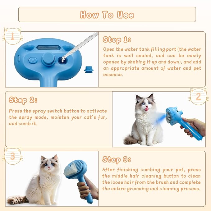 5-in-1 Pet Steam Brush for Cats & Dogs – Grooming, Shedding, Massage & One-Touch Clean for Short & Long Hair Pets – Electric Cat Brush with Comb & Steam (Blue)-PurrikoPets