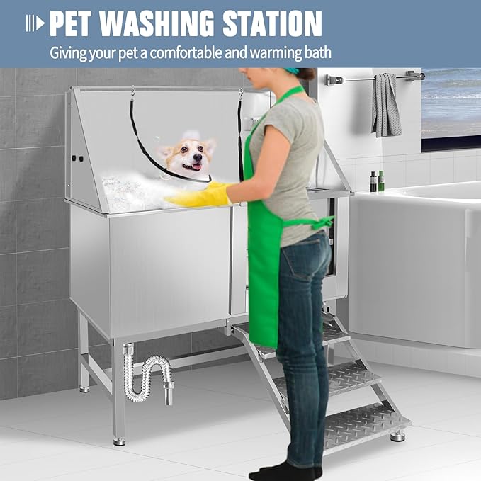 50 Inch Electric Dog Bathing Station For Large Dogs, Height Adjustable Stainless Steel Dog Pet Washing Station, Professional Dog Grooming Tub With Electric Lift, Pet Wash Bath Station (50" Right door)-PurrikoPets