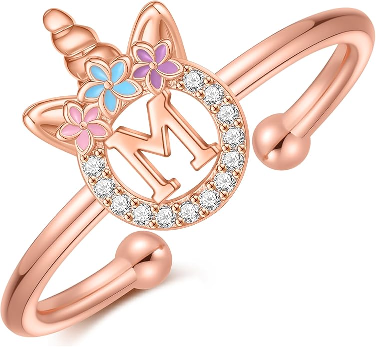 Unicorn Rings Gifts for Girls - Adjustable Initial Ring Dainty Cute Unicorn Rings for Girl Teens Little Girls Jewelry Birthday Gift