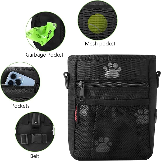 Dog Treat Pouches for Pet Training, Treat Pouches for Pet Training,Large Dog Treat Training Pouch and Dog Clicker,Dog Training Treat Pouch Built-in Poop Bag Dispenser-Black Pattern.-PurrikoPets
