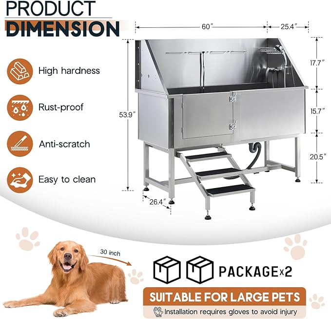 Albott 60 Inch Stainless Steel Dog Washing Station with Anti-Slip Steps, Sprayer, Faucet, Soap Box, Tow Rope – Professional Pet Bathtub for Large Pets, Ideal for Home, Garage, and Grooming(Left)-PurrikoPets