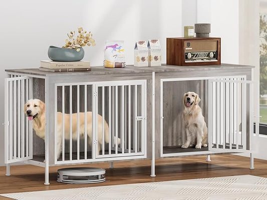 63 Inch Dog Cage Furniture for 2 Large/Medium Dogs with Removable Divider, Extra Large Double Doors Dog Kennel, XXL Thick Wooden Dog cage Furniture, Durable and Sturdy, Beige-PurrikoPets