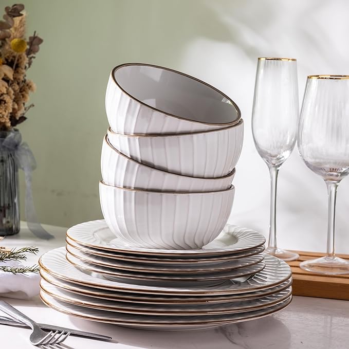 GBHOME Ceramic Dinnerware Sets,12 pcs Embossed Elegant Stoneware Plates and Bowls Sets, Housewarming Wedding Gift | Dishwasher & Microwave Safe | Dishes Set Service for 4-PurrikoPets