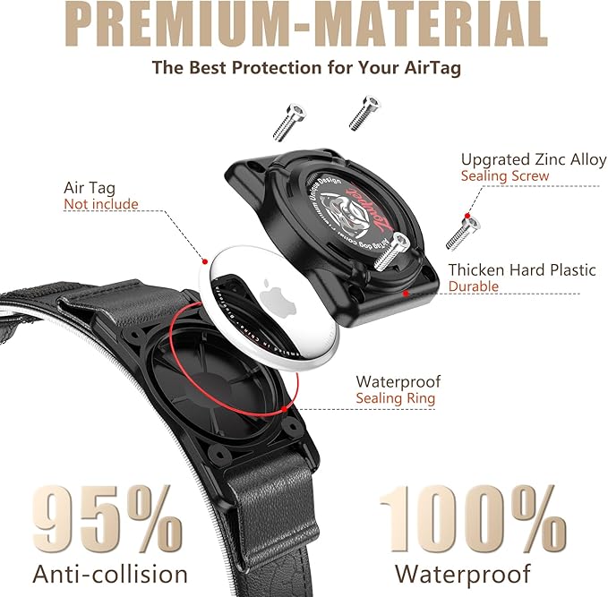 AirTag Dog Collar - Leather Dog Collar with Airtag Holder | IP68 Waterproof AirTag Holder with Metal Buckle, Comfortable GPS Dog Collars Tracker for Medium Large Dogs (Black, M)-PurrikoPets