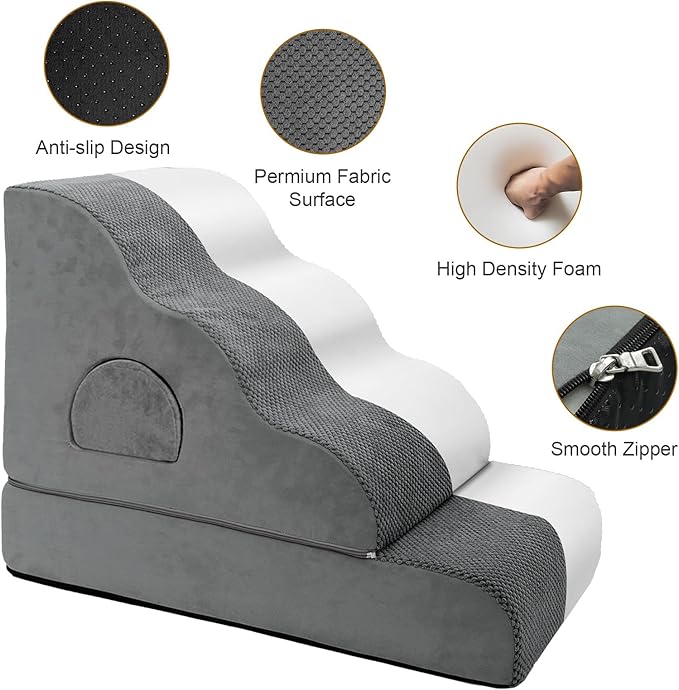 Dog Stairs for Small Dogs 19.7" H, 4-Step Dog Steps for High Bed, High-Density Foam Curved Pet Stairs with Non-Slip Removable Washable Cover to Get on Bed-PurrikoPets